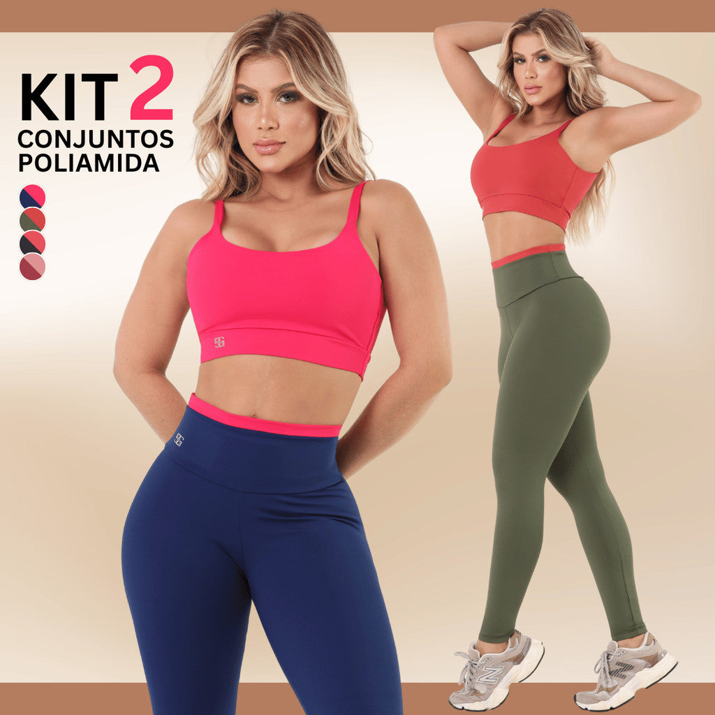 Kit 2 Conjuntos de Academia Feminino Calça e Top Poliamida Roupa Fitness Zero Transparência
